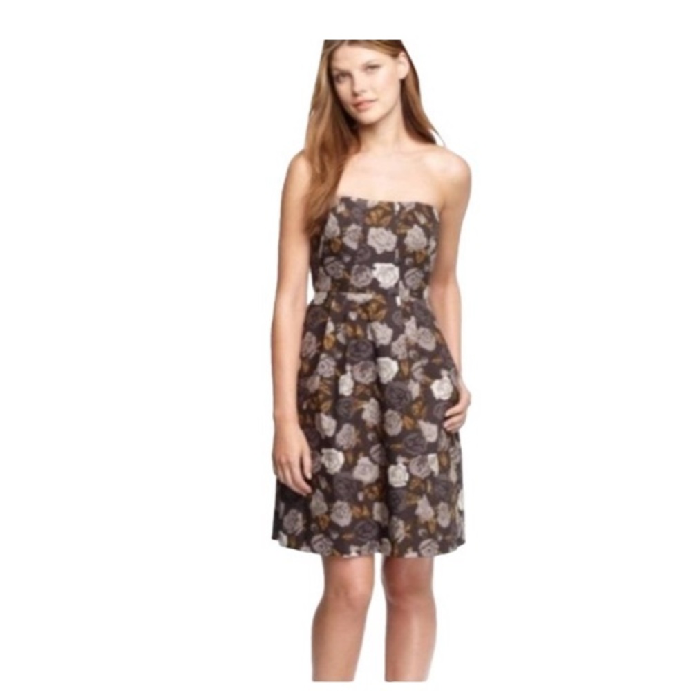 J. Crew Marielle Solstice floral strapless pockets gray gold 10 zipper dress - Picture 2 of 16